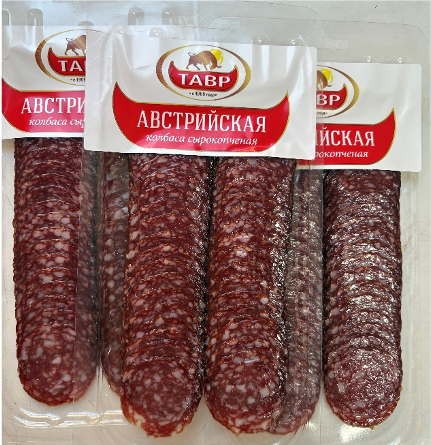Австрийская колбаса сырокопченая полусухая. Мясной продукт колбасное изделие охлажденное Т.М. «ТАВР»