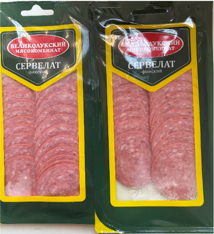 Мясной продукт. Колбасное изделие варёно-копченое категории Б. Сервелат Финский (нарезка) Т.З. «Великолукский мясокомбинат»